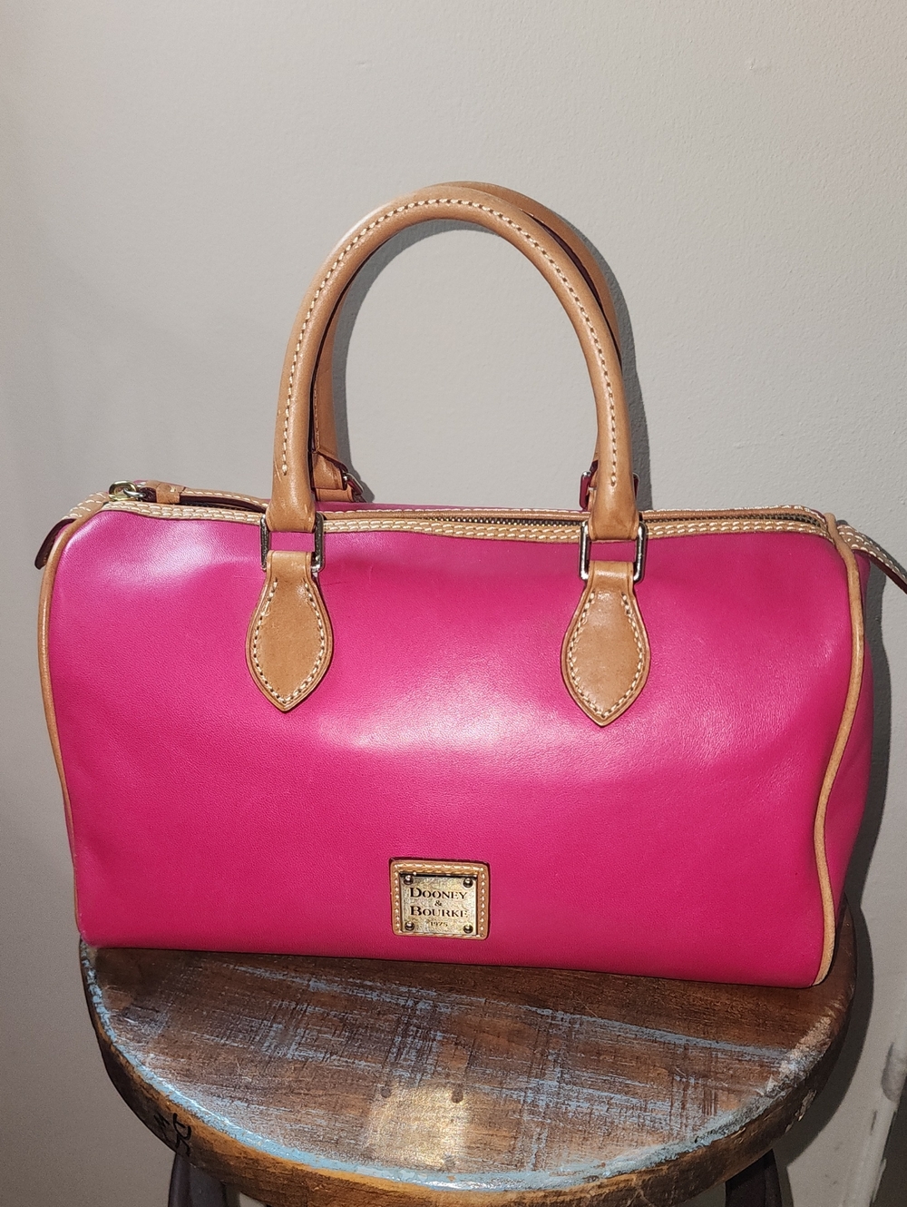 Dooney & Bourke Hot Pink Smooth Soft Leather Satchel Tan Handles Barrel Purse